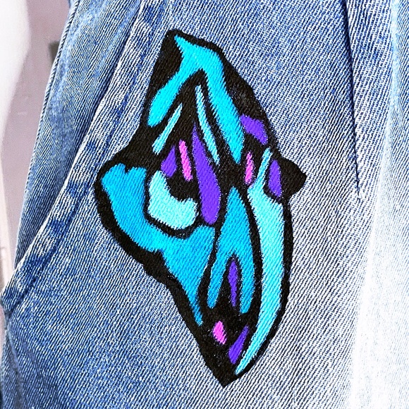 Punk Repurposed Blue Denim Play Suit Painted With Original Butterfly Art Work. - Picture 7 of 8